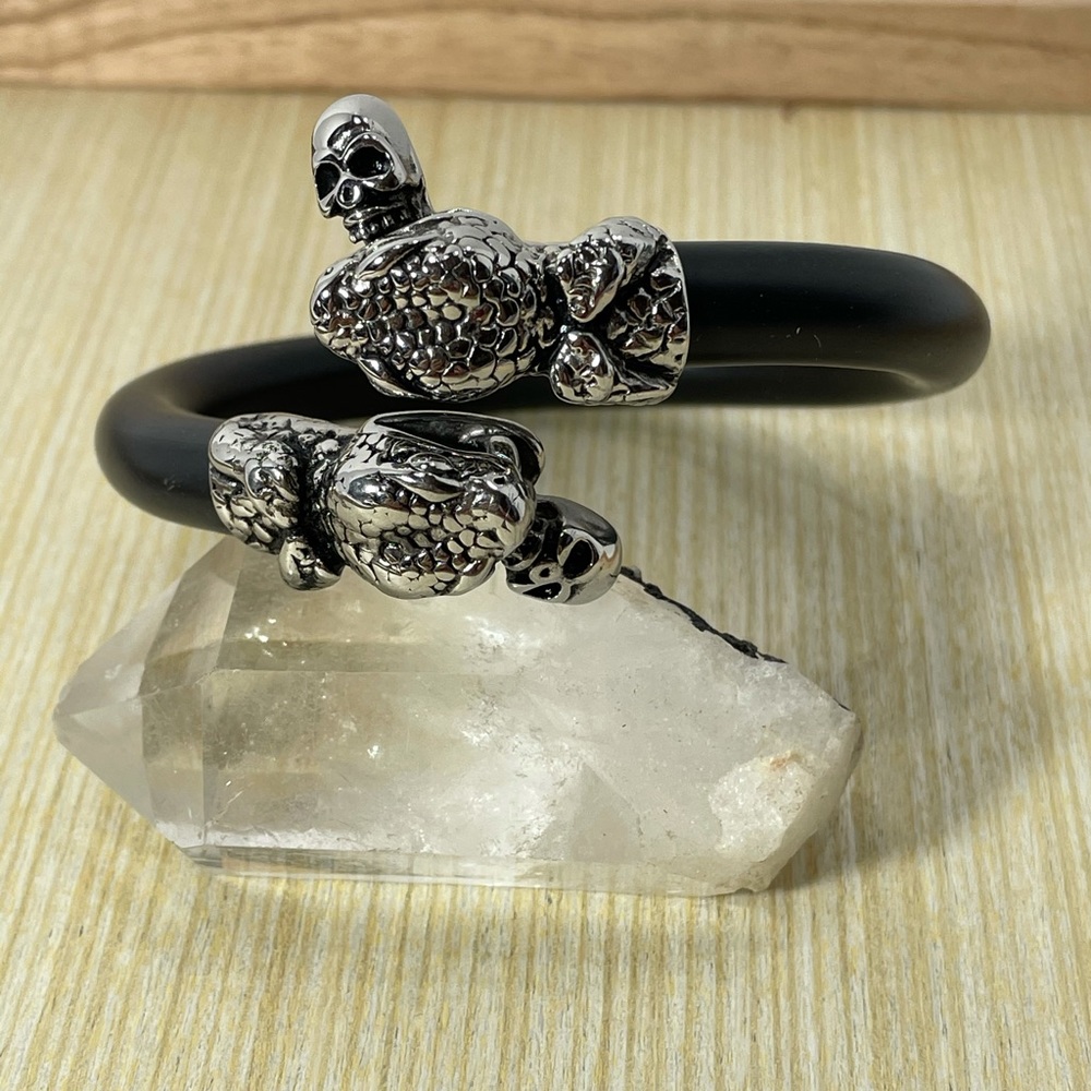 Stainless steel black leather cuff bracelet